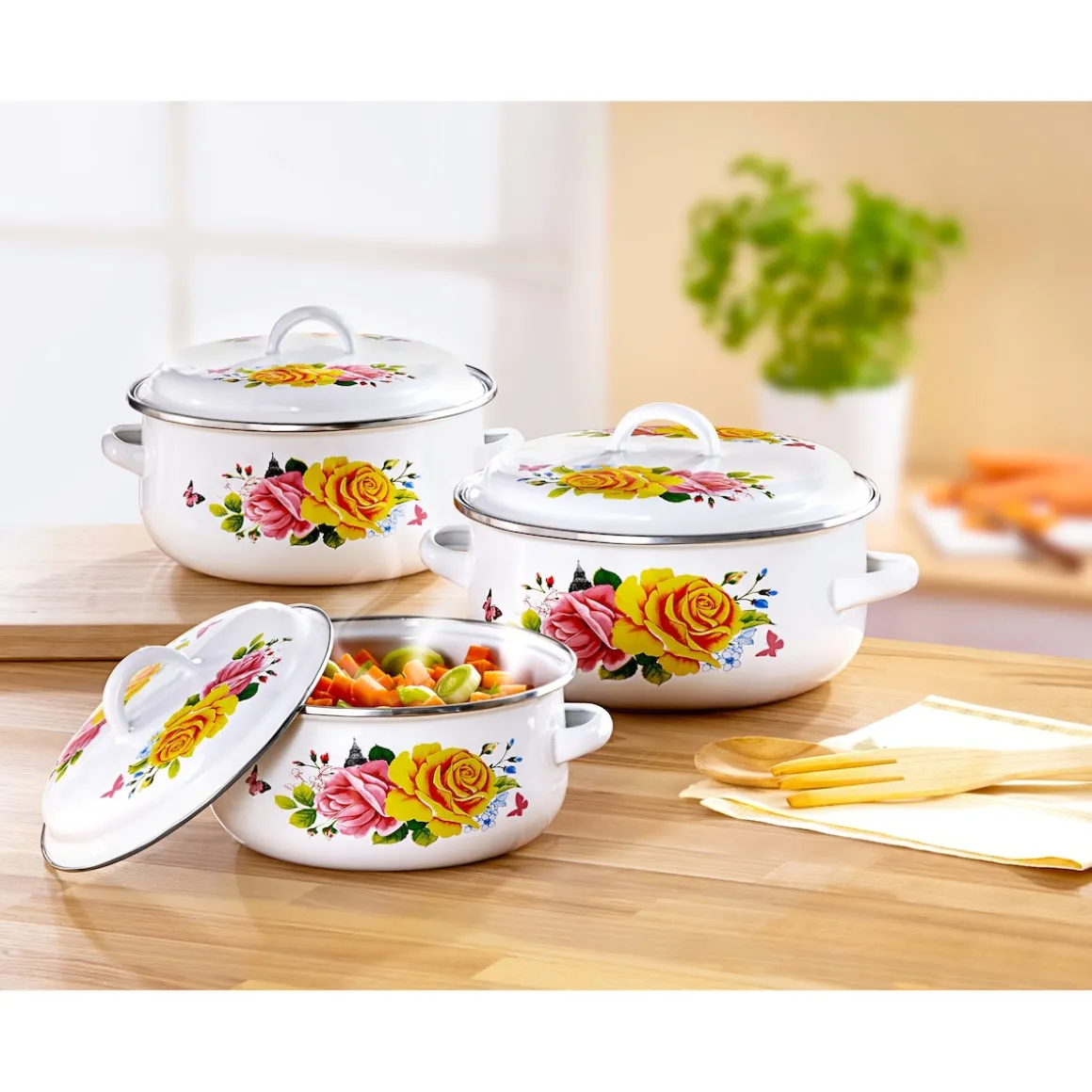 Emaille-Topfset "Rosenpracht", 6-teilig