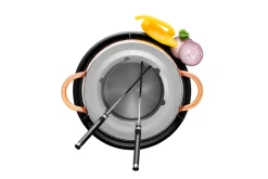 Fondueset, Edelstahl - 1 x Fonduetopf, 1 x Spritzschutz, 1 x Rechaud, 1 x Metallplatte, 1 x Fonduebrenner, 6 x Fonduegabel