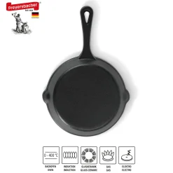 Freyersbacher Gusseisenpfanne 15 cm, Emaille Bratpfanne | mit Brett und Tuch