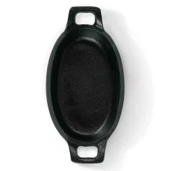 Freyersbacher Kleine Gusseisenpfanne Oval 14x9 cm, Emaille Servierpfanne | Mit Brett und Tuch