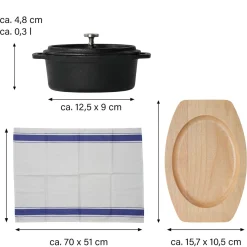 Freyersbacher Mini Cocotte 12x8,5 cm Gusseisen, Kleiner Emaille Topf | Oval, mit Brett und Tuch