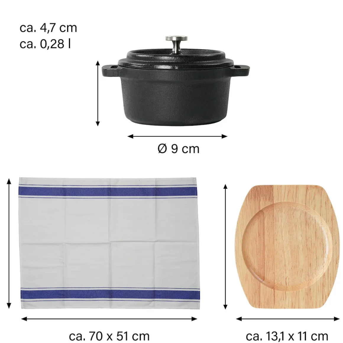 Freyersbacher Mini Cocotte 9 cm Gusseisen, Kleiner Emaille Topf | Rund, mit Brett und Tuch