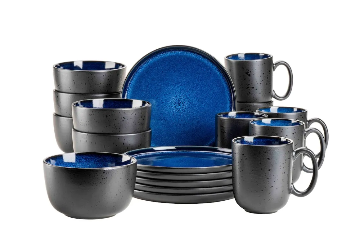Frühstücksset, Steinzeug NIARA Schwarz / Blau