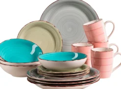 Geschirr-Set, Steingut Lumaca Blau /Hellblau /Rosa/Grün