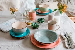 Geschirr-Set, Steingut Lumaca Blau /Hellblau /Rosa/Grün