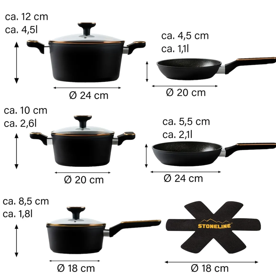 STONELINE Kochgeschirr-Set 11-teilig 18/20/24 Roségold | mit Deckeln